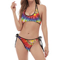 Colorful Hippie Tie Dye Print Halter Scoop Tie Side Bikini
