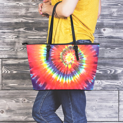 Colorful Hippie Tie Dye Print Leather Tote Bag