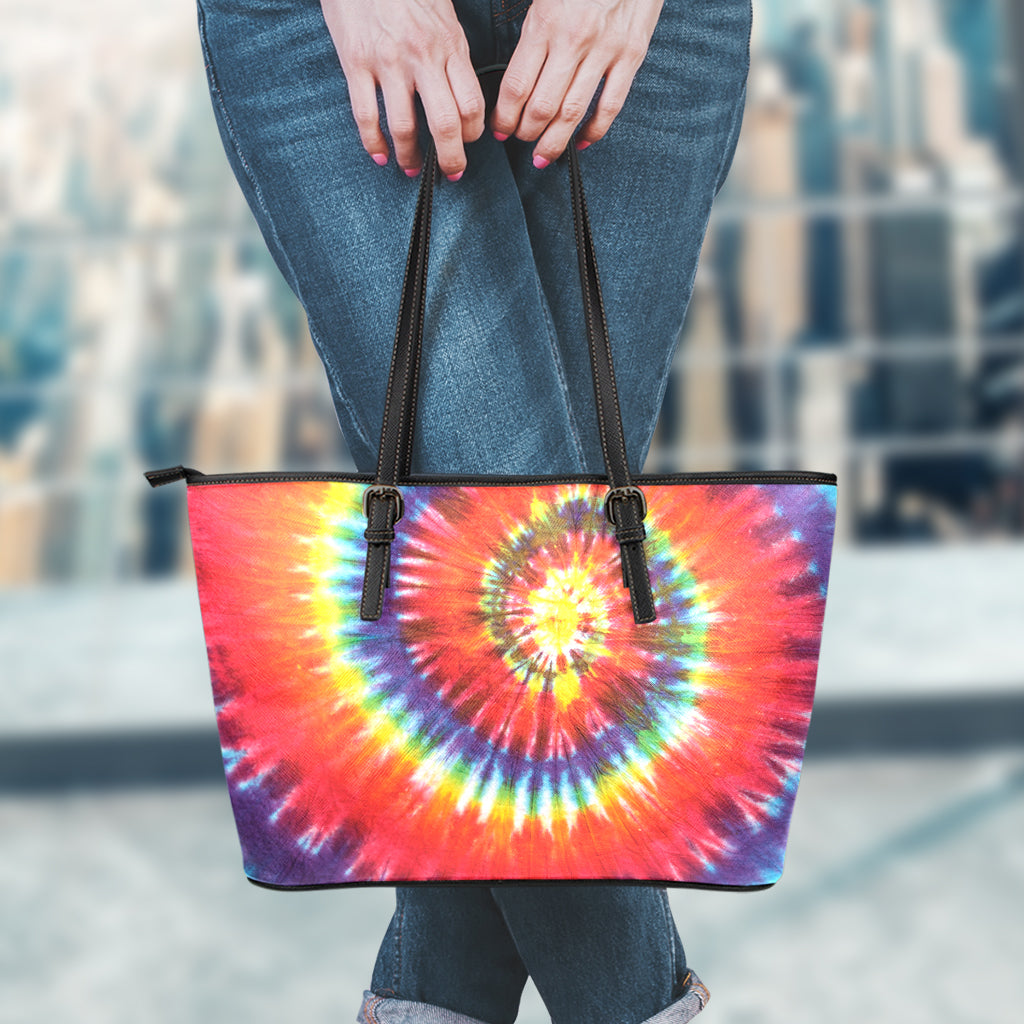 Colorful Hippie Tie Dye Print Leather Tote Bag