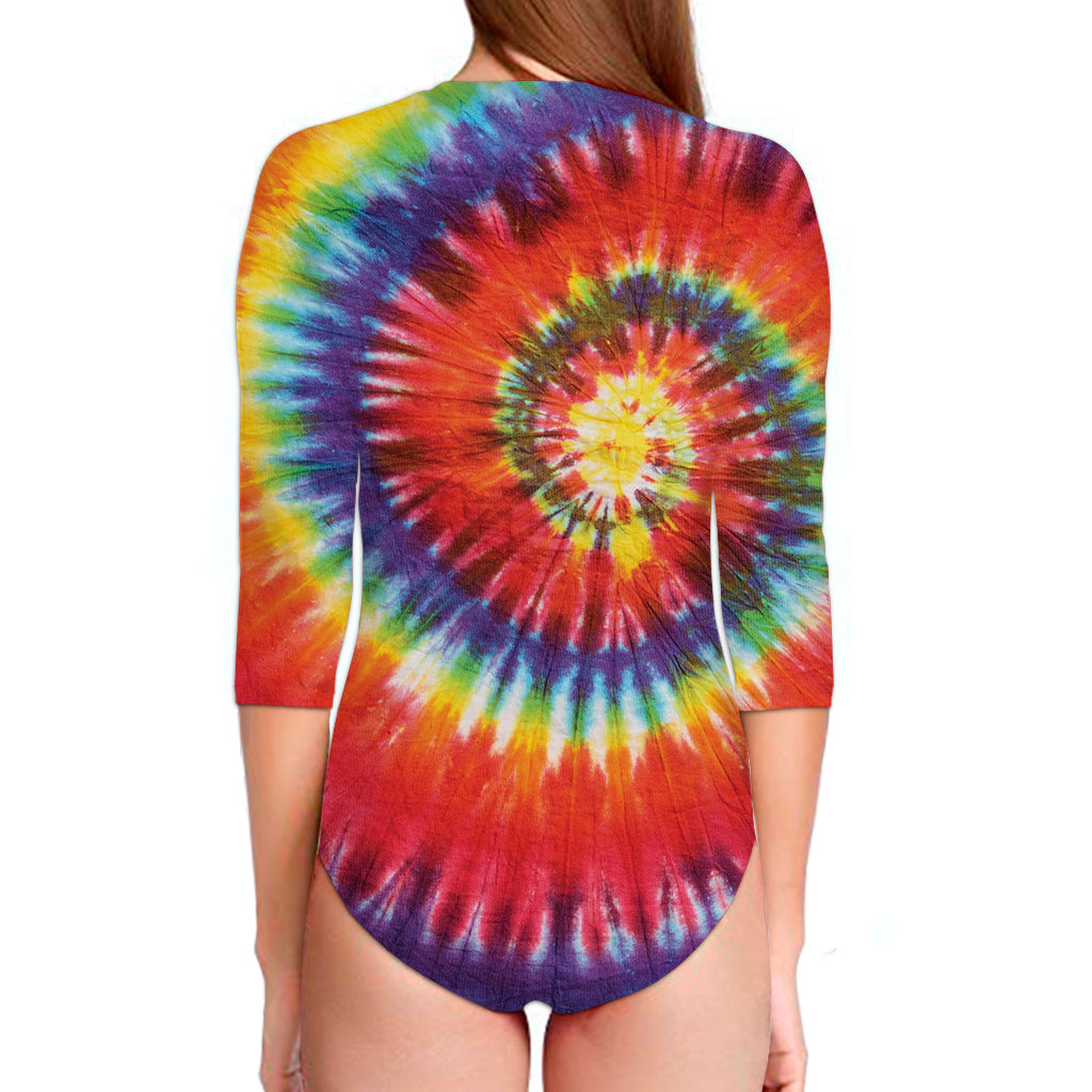 Colorful Hippie Tie Dye Print Long Sleeve Swimsuit