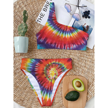 Colorful Hippie Tie Dye Print One Shoulder Bikini Top