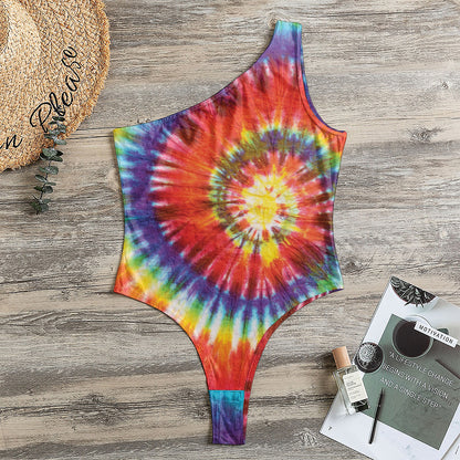 Colorful Hippie Tie Dye Print One Shoulder Bodysuit