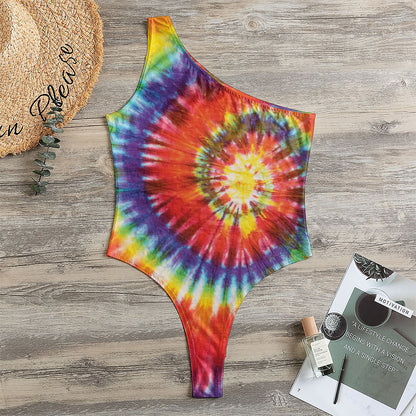 Colorful Hippie Tie Dye Print One Shoulder Bodysuit