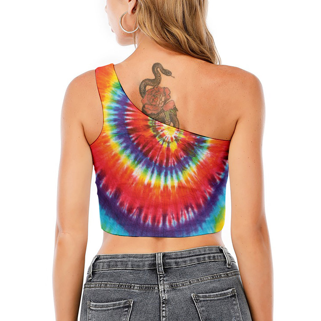 Colorful Hippie Tie Dye Print One Shoulder Crop Top
