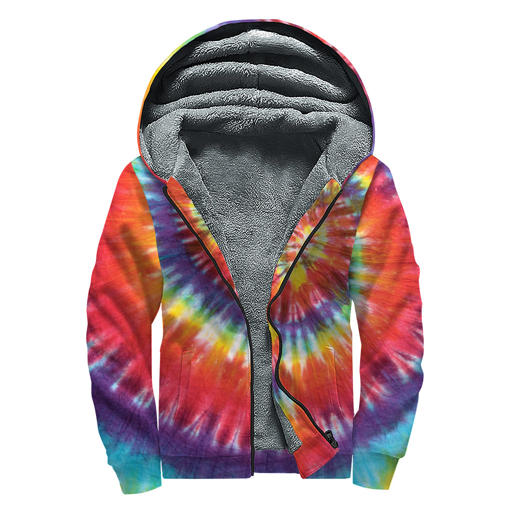 Colorful Hippie Tie Dye Print Sherpa Lined Zip Up Hoodie