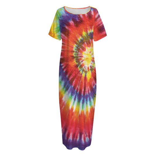 Colorful Hippie Tie Dye Print Short Sleeve Long Nightdress