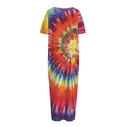 Colorful Hippie Tie Dye Print Short Sleeve Long Nightdress