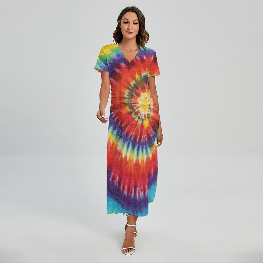 Colorful Hippie Tie Dye Print Short Sleeve Maxi Dress