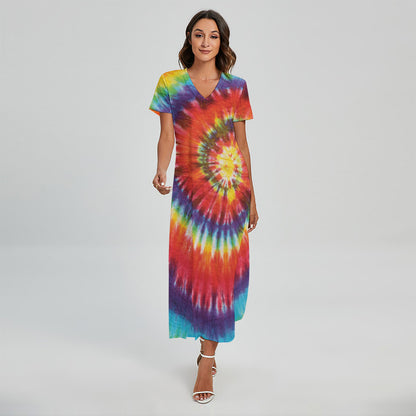 Colorful Hippie Tie Dye Print Short Sleeve Maxi Dress