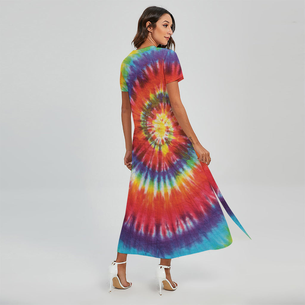 Colorful Hippie Tie Dye Print Short Sleeve Maxi Dress