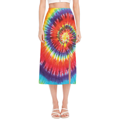 Colorful Hippie Tie Dye Print Side Slit Midi Skirt