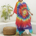 Colorful Hippie Tie Dye Print Silk V-Neck Kaftan Dress
