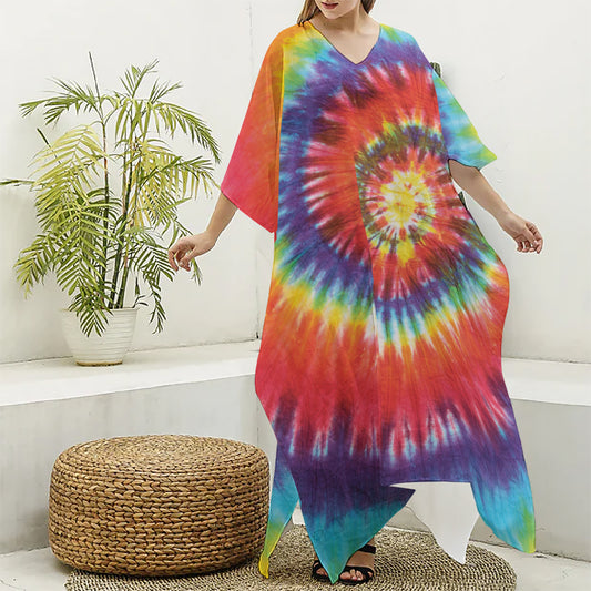 Colorful Hippie Tie Dye Print Silk V-Neck Kaftan Dress
