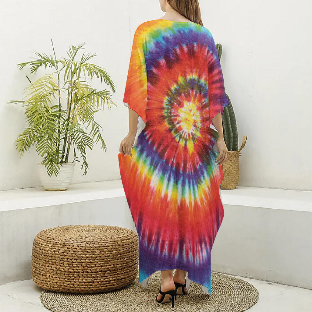 Colorful Hippie Tie Dye Print Silk V-Neck Kaftan Dress