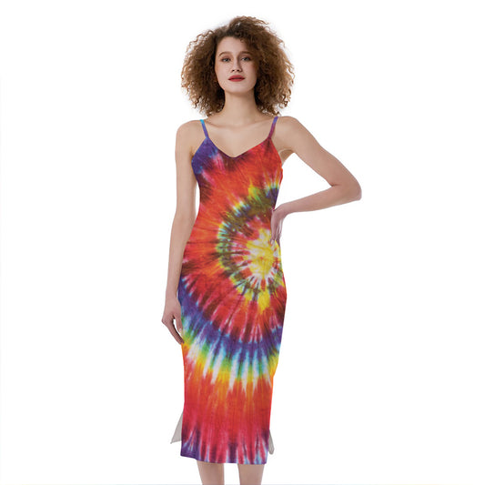Colorful Hippie Tie Dye Print Slim Fit Midi Cami Dress