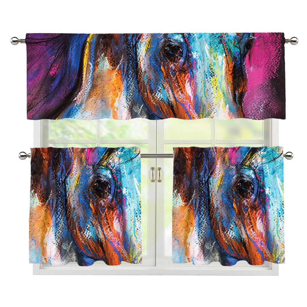 Colorful Horse Painting Print 3 Piece Kitchen Curtains