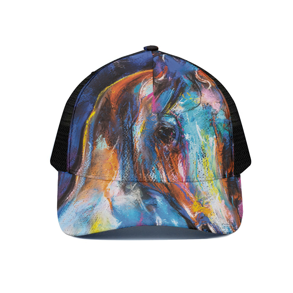 Colorful Horse Painting Print Black Mesh Trucker Cap