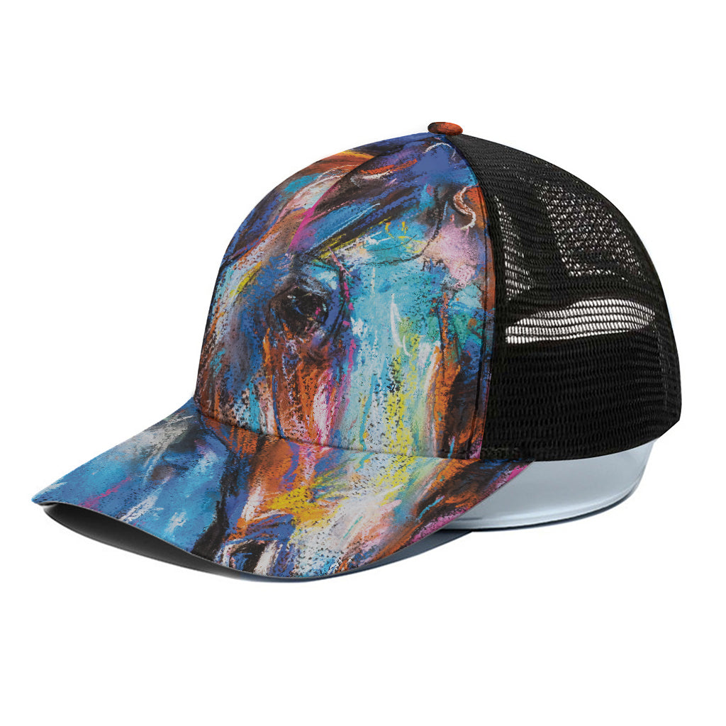 Colorful Horse Painting Print Black Mesh Trucker Cap