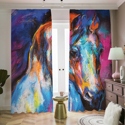 Colorful Horse Painting Print Blackout Pencil Pleat Curtains