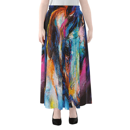Colorful Horse Painting Print Chiffon Maxi Skirt