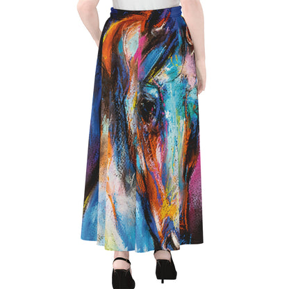 Colorful Horse Painting Print Chiffon Maxi Skirt