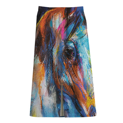 Colorful Horse Painting Print Cotton Front Slit Maxi Skirt