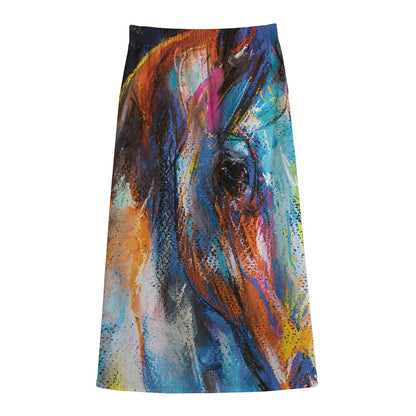 Colorful Horse Painting Print Cotton Front Slit Maxi Skirt
