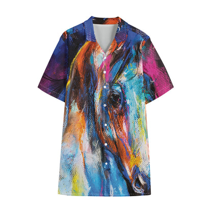 Colorful Horse Painting Print Cotton Hawaiian Shirt