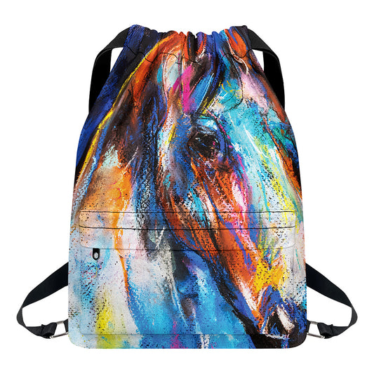 Colorful Horse Painting Print Drawstring Backpack