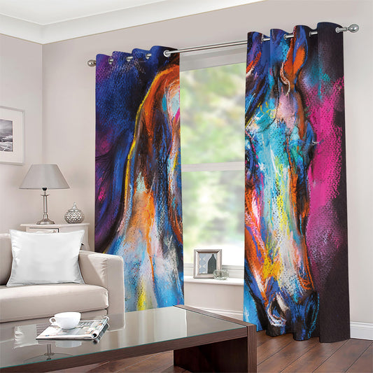 Colorful Horse Painting Print Extra Wide Grommet Curtains