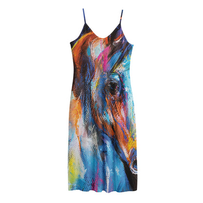 Colorful Horse Painting Print Jersey Midi Cami Dress