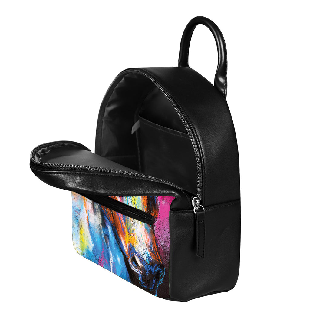 Colorful Horse Painting Print Leather Backpack