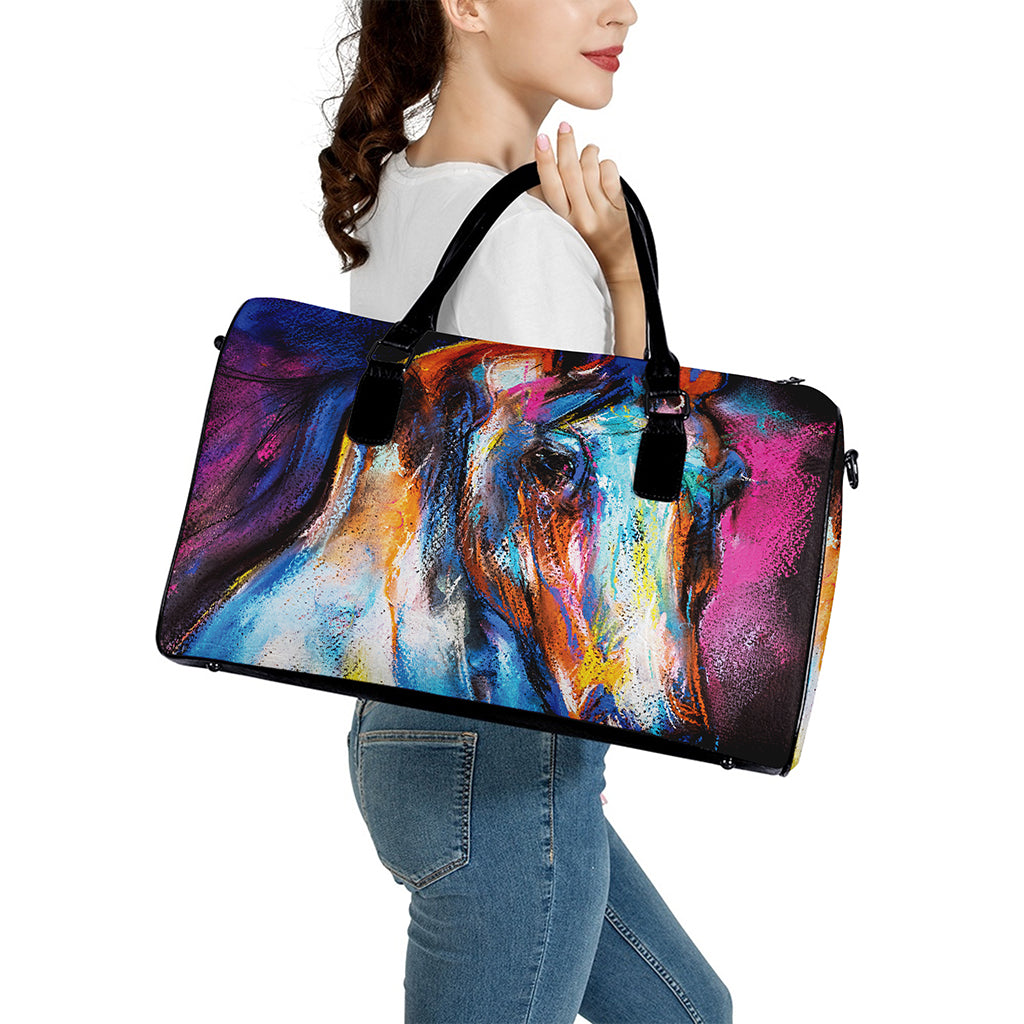 Colorful Horse Painting Print Leather Duffle Bag