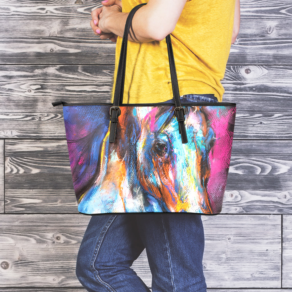 Colorful Horse Painting Print Leather Tote Bag