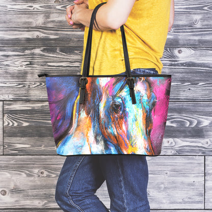 Colorful Horse Painting Print Leather Tote Bag
