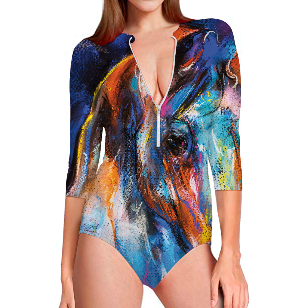 Colorful Horse Painting Print Long Sleeve Swimsuit