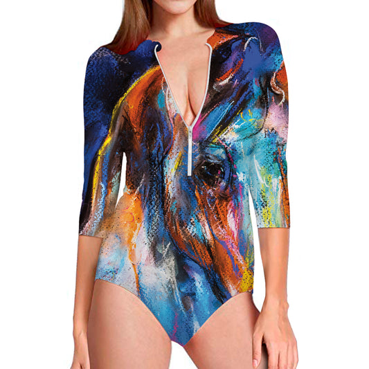 Colorful Horse Painting Print Long Sleeve Swimsuit