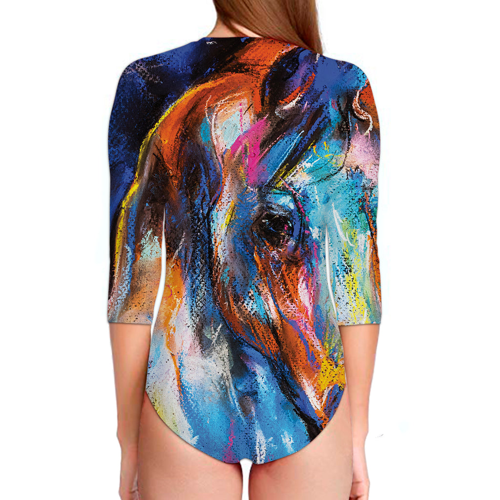 Colorful Horse Painting Print Long Sleeve Swimsuit