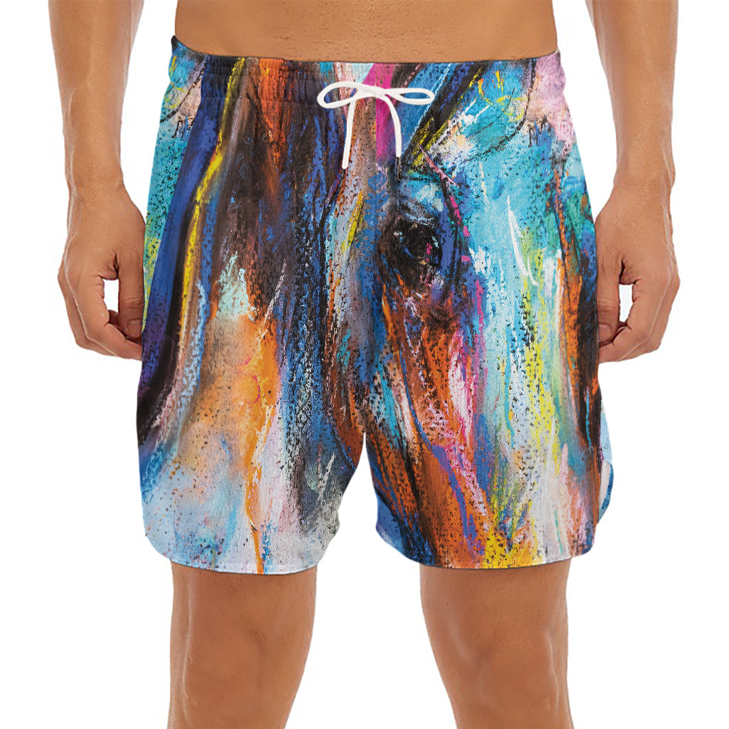Colorful Horse Painting Print Men's Split Running Shorts