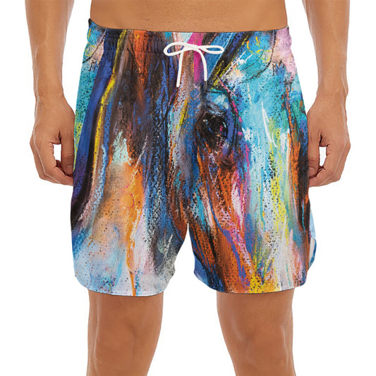 Colorful Horse Painting Print Men's Split Running Shorts