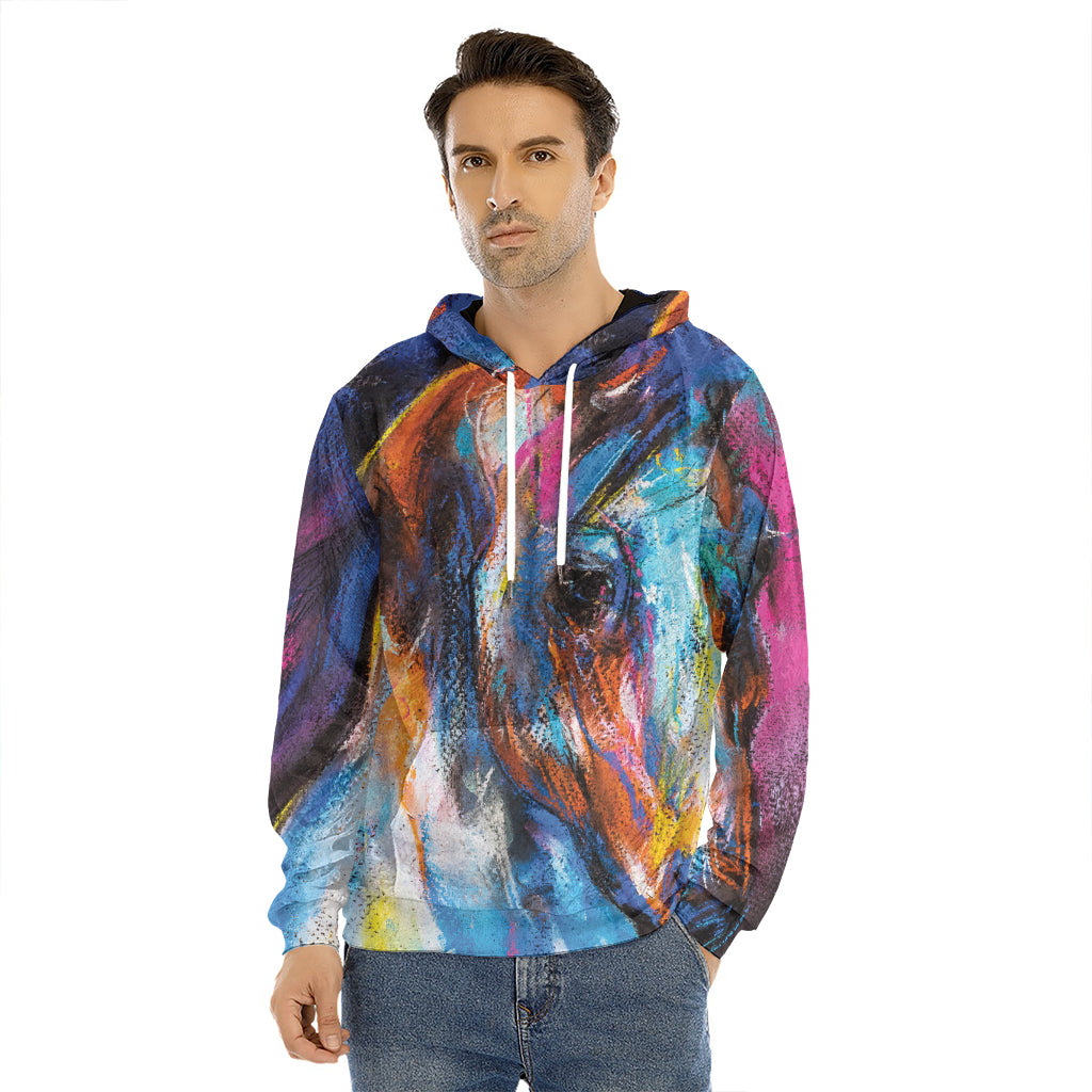 Colorful Horse Painting Print Men's Velvet Pullover Hoodie