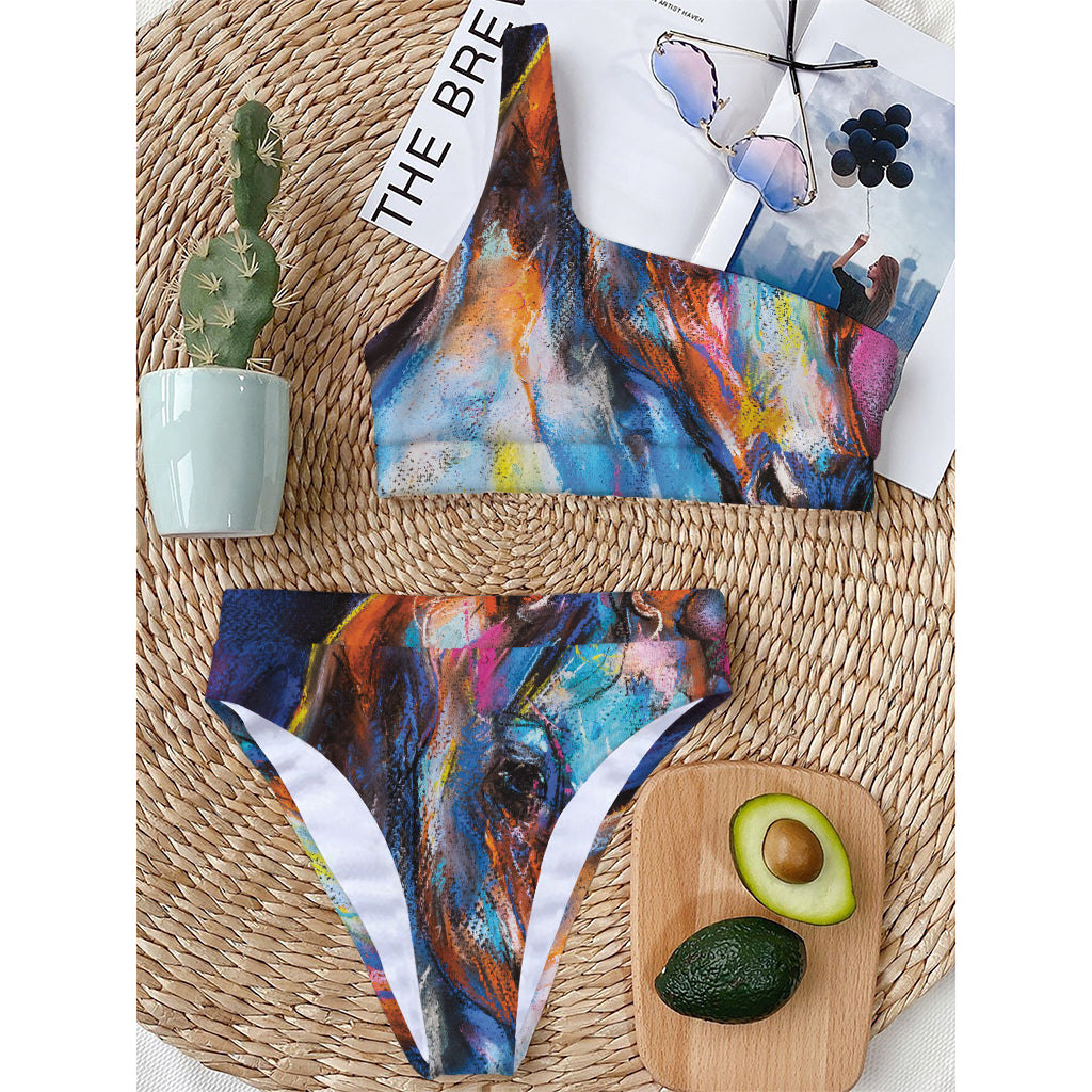 Colorful Horse Painting Print One Shoulder Bikini Top