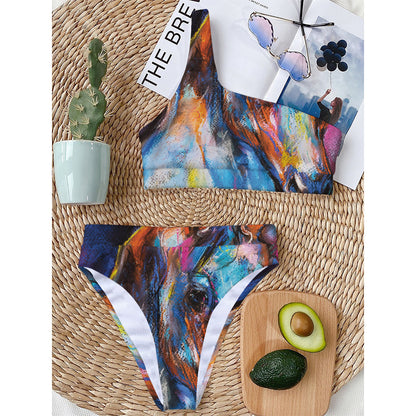 Colorful Horse Painting Print One Shoulder Bikini Top