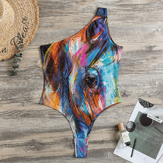 Colorful Horse Painting Print One Shoulder Bodysuit