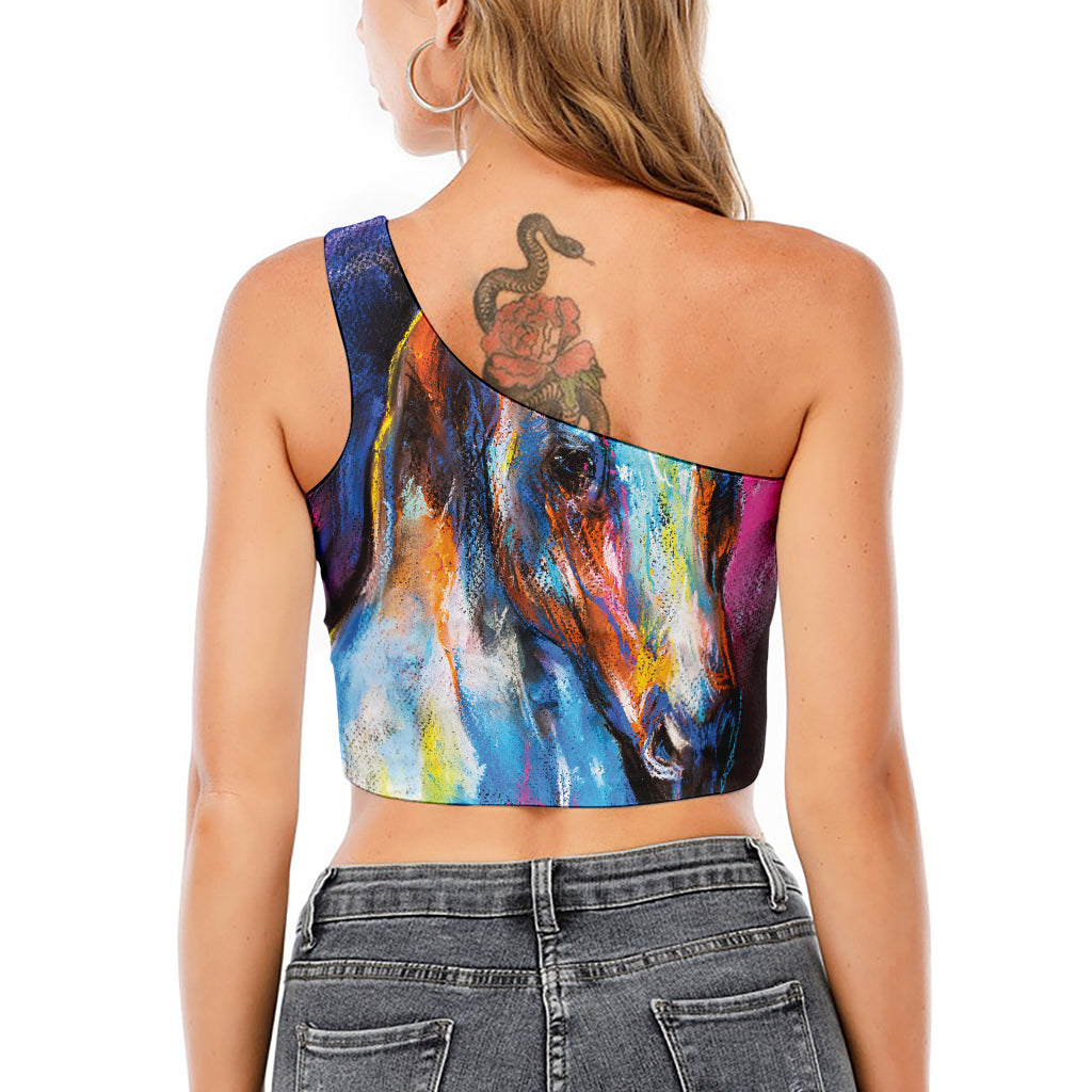 Colorful Horse Painting Print One Shoulder Crop Top