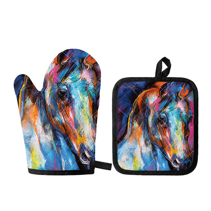 Colorful Horse Painting Print Oven Mitt And Pot Holder Set