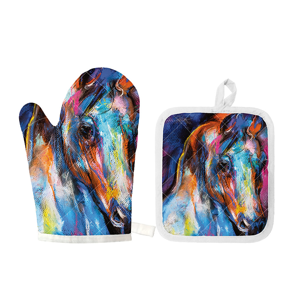 Colorful Horse Painting Print Oven Mitt And Pot Holder Set
