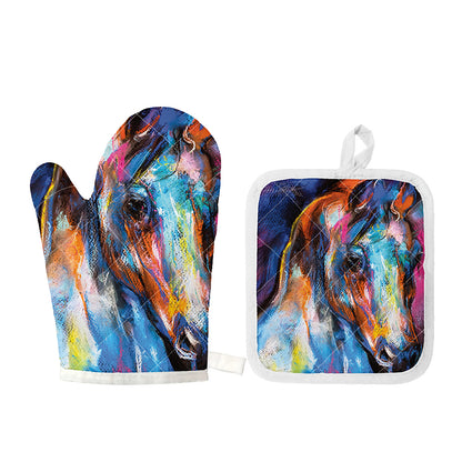 Colorful Horse Painting Print Oven Mitt And Pot Holder Set