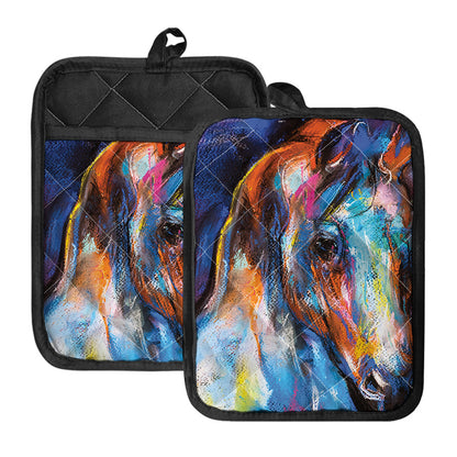 Colorful Horse Painting Print Pot Holders With Pocket