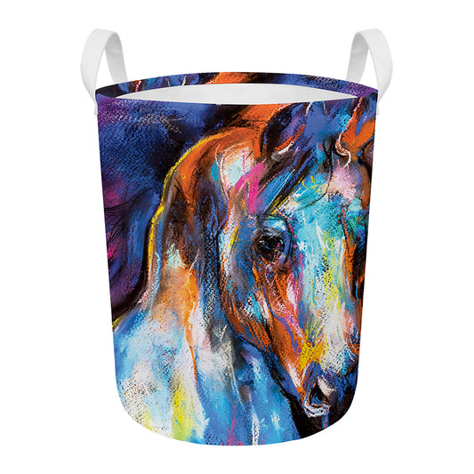 Colorful Horse Painting Print Round Laundry Basket